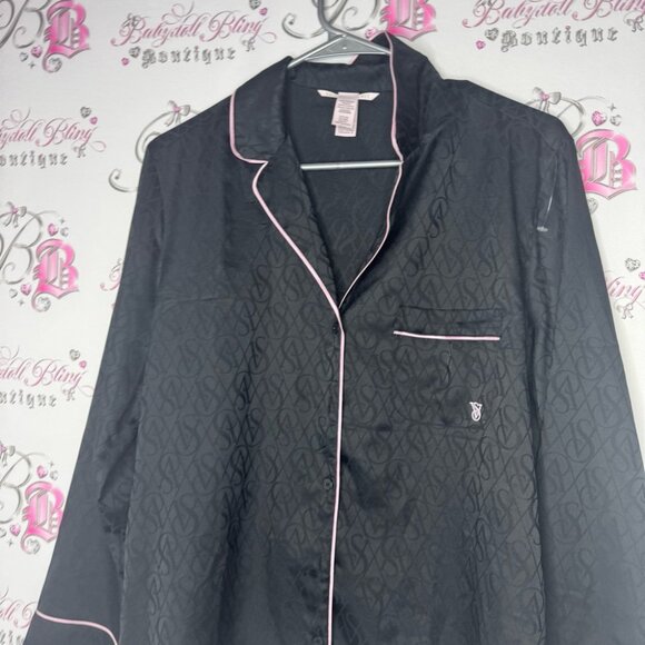 Victoria secret button down long sleeve shirt black VS logo print pockets pink - Picture 3 of 11
